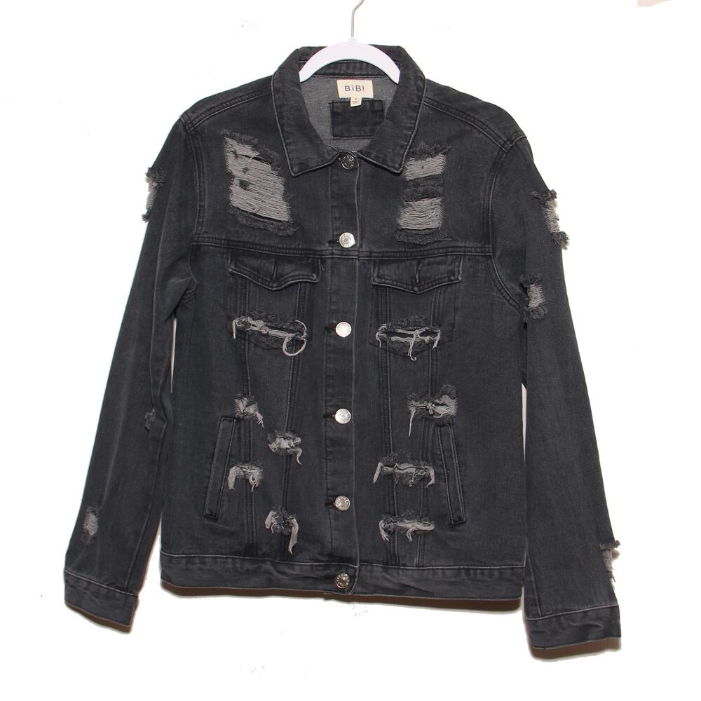 Bibi Black Distressed Denim Trucker Jacket Size Small